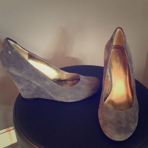 Gray suede wedge pump